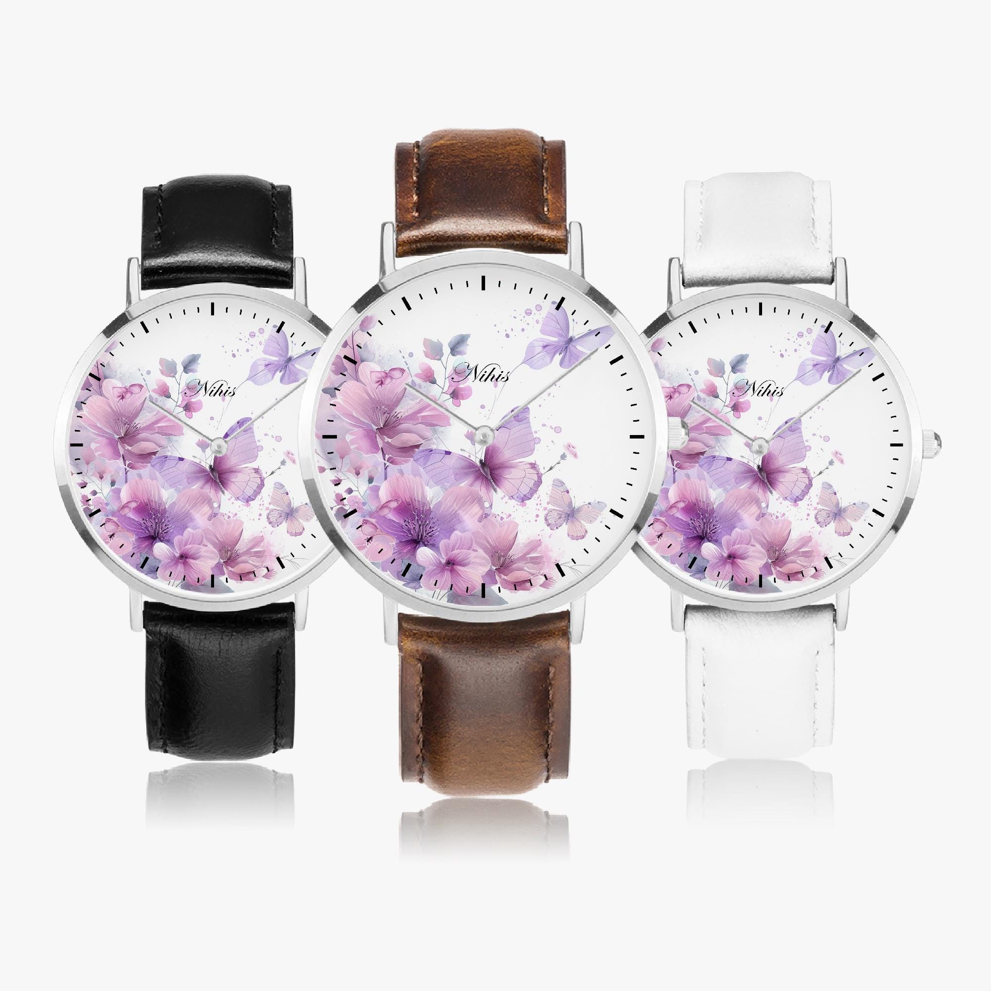 Taport® Orologio Da Polso Rotondo In Pelle Viola – Quadrante 3,5 Cm Con Farfalla - 2