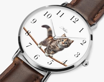 Kattenhorloge met leren band in zwart, bruin of wit, horloge met schattig kattenmotief op touw, cadeau-idee voor kattenliefhebbers