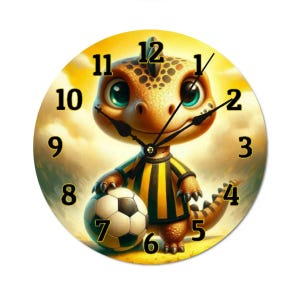 Yellow and black dinosaur football wall clock for boys | Football children&#39;s clock | Silent wooden clock for children&#39;s rooms | Dinosaur boys&#39; clock for teenagers&#39; rooms