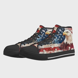 Eagle Sneakers Men Women – High Top Shoes USA Flag – Patriotic Eagle Sneakers – Fourth of July Fashion – American Flag Canvas Sneakers