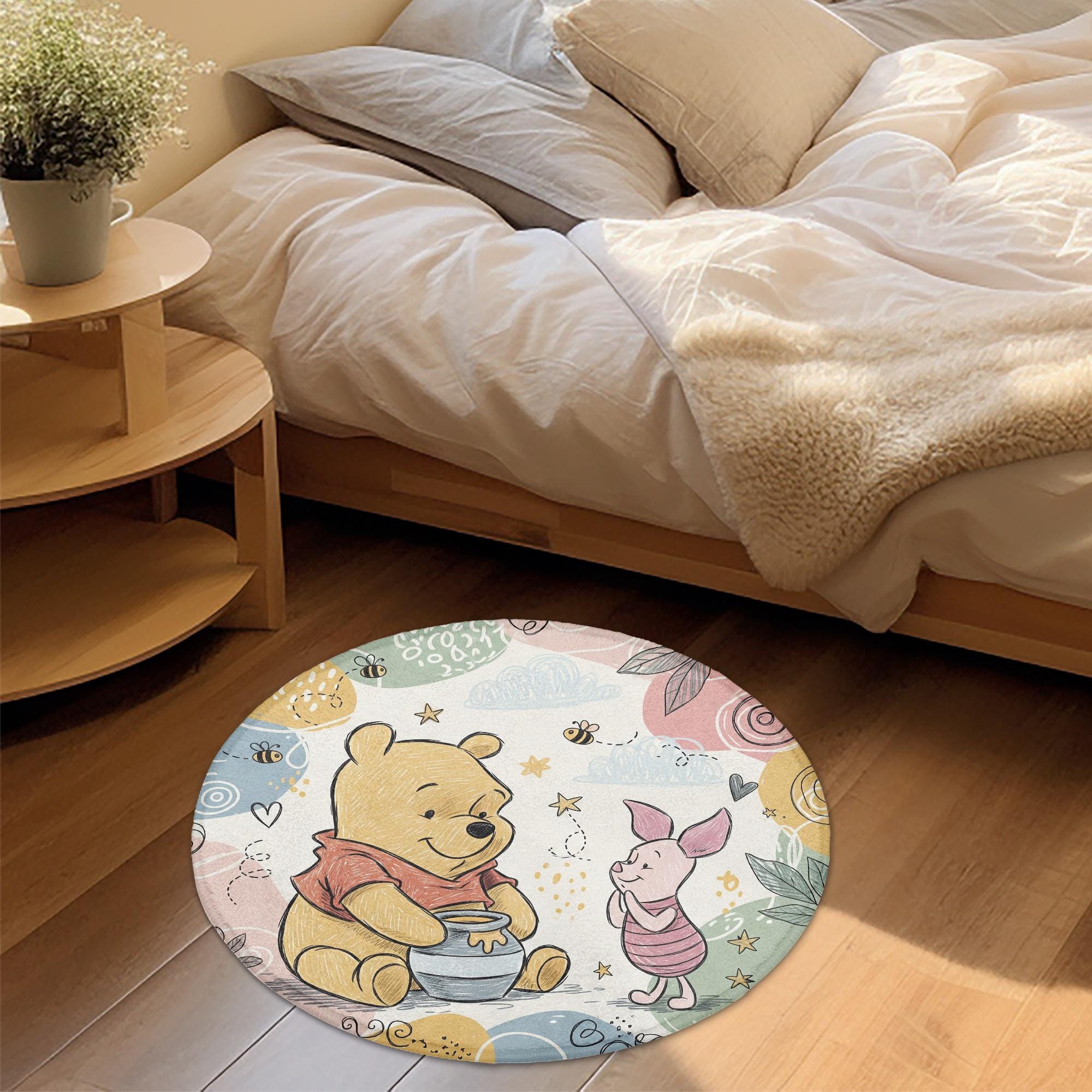 Round Children's Rug With Winnie the Pooh & Piglet, Baby Room Rug