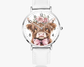 Cute watch with Highland cow and flowers – leather watch for girls and women | Animal watch children's watch gift idea | Girls' watch cute cow motif