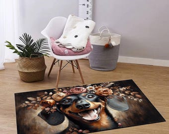 Farmhouse dachshund design floor mat | Hallway mat with dachshund motif | Feeding bowl mat for dogs | Leather dog mat | Placemat for food