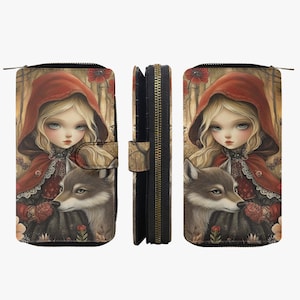Carteira com zíper místico para mulheres – meninas – carteira de lobo de conto de fadas, carteira com design místico, presente para mulheres