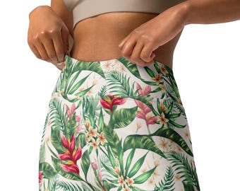 Tropical Floral Yoga Leggings for Women, High Waisted Sports Pants with Hawaiian Pattern, Comfortable Fitness Pants, Gift for Summer & Yoga Lovers
