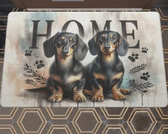 Country house design doormat dog lover, entrance area mat with dachshund, unusual doormat dog motif, dachshund gift idea