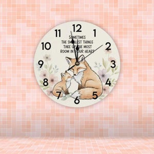 Fox Mom and Baby Wall Clock – Nursery Clock with Saying & Flowers | Birth Gift, Baby Room Decoration, Animal Motif Clock for Girls and Boys