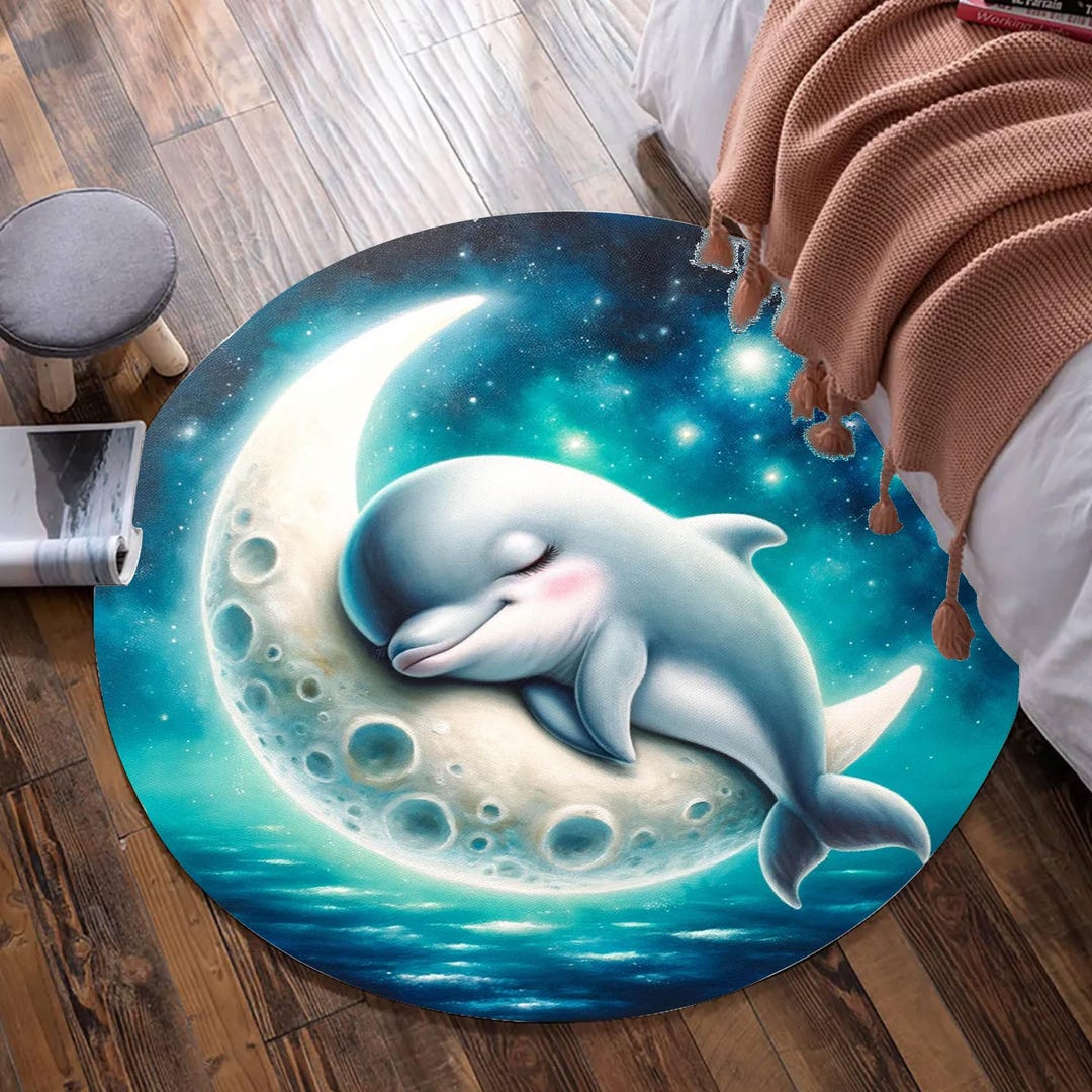 Round Children's Rug With Dolphin & Moon, Rug for the Baby Room ...