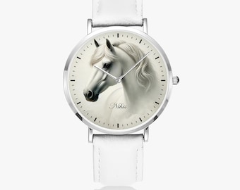 Ladies' watch - children's watch with leather strap - leather watch with white horse motif, girls' wristwatch for horse-loving girls and animal lovers, gift idea