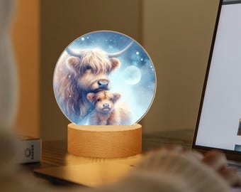 Dimmable night light Highland cow, acrylic night light moon, LED night lamp children's room, desk lamp with cow motif, night light baby