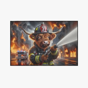 Fire brigade rug with Highland cattle – funny animal motif rug – fireman design gift idea – living room decoration for fire brigade fans