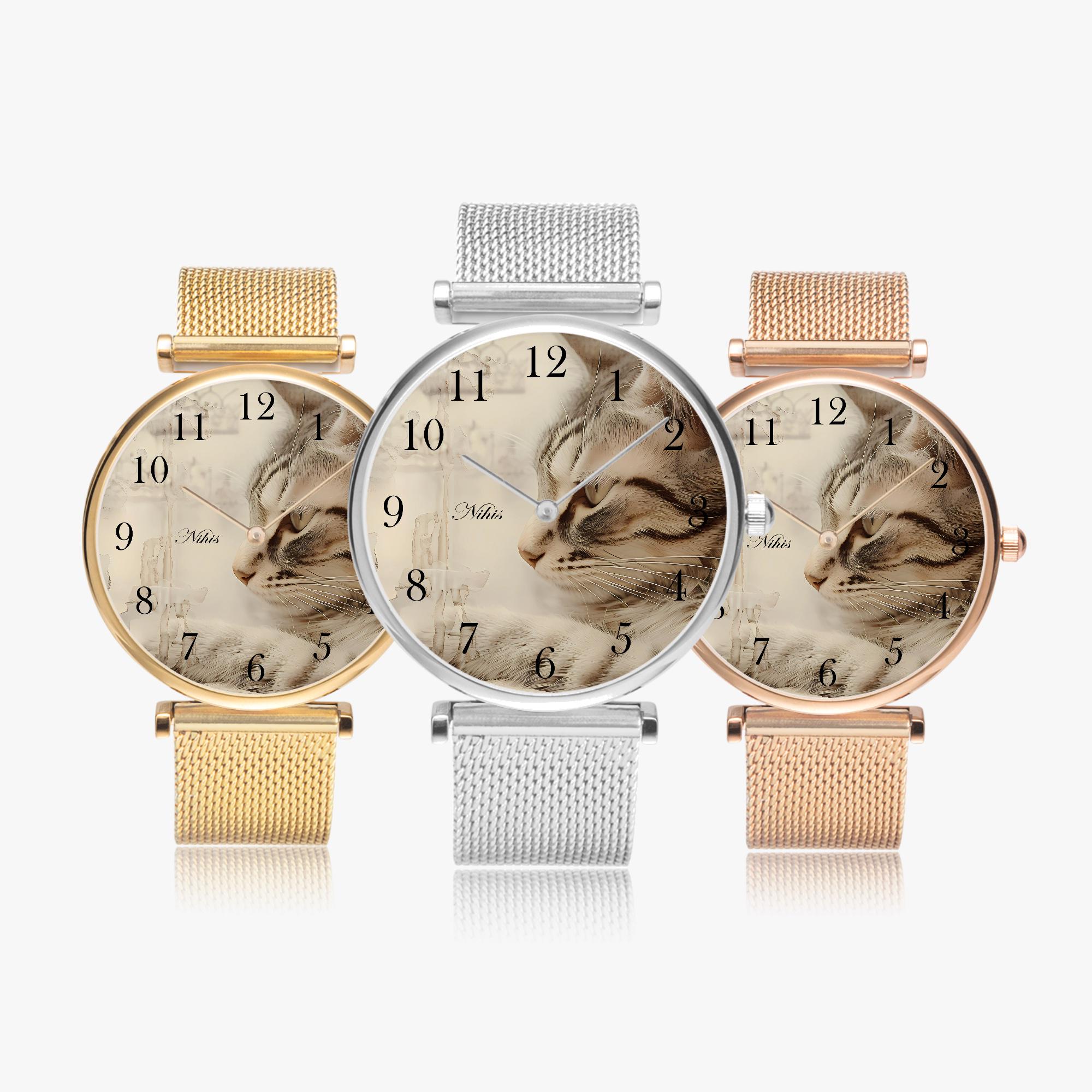 Montre Femme Le Chat - Boîtier Doré Avec Diamant & Bracelet Blanc élégant