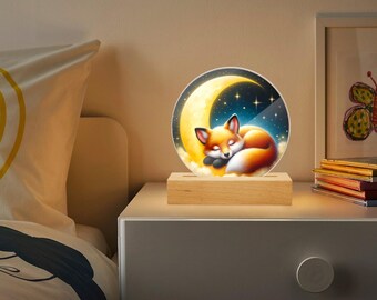 Fox lamp night light, LED children's room lamp moon & stars, boho sleeping light gift for birth baby baptism, wooden base decoration in animal motif