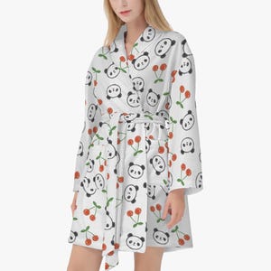 Albornoz suave de cereza para mujer y hombre, bata con diseño de panda, bata de baño blanca de sauna para mujer, bata con estampado de cereza, bata de baño para hombre