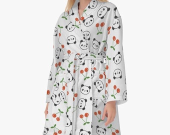 Fluffy women's and men's cherry bathrobe, panda design dressing gown, sauna white women's bathrobe, cherry pattern robe, men's bathrobe
