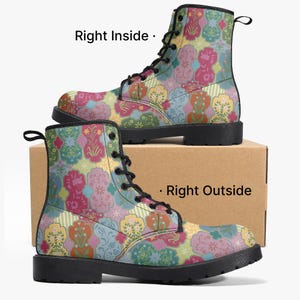 Kleurrijke bloemen gevechtslaarzen voor dames – veterlaarzen met vintage patroon – statement schoenen cadeau-idee – boho festivallaarzen herfst