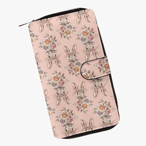 Portefeuille en cuir pour femmes - Grand portefeuille à fermeture éclair - Portefeuille avec lapin, animal de la forêt - Design floral, cadeau pour femmes