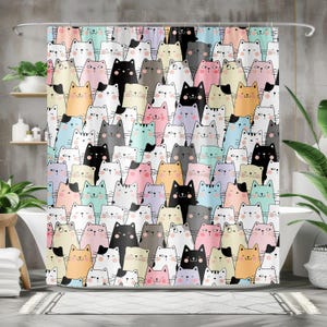 Grappig douchegordijn katten, kleurrijke badkamergordijn cartoonstijl, kawaii katten badkamerdecoratie, textiel douchegordijn kattenmotief, badkamerdecor