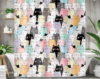 Kawaii Cat Shower Curtain – Cute bathroom curtain with colorful cats, adorable cat bathroom decor, gift for cat lovers