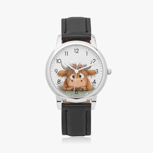 Highland Cow Watch for Women & Children – Leather Strap, Wristwatch with Cow Motif, Gift Idea for Girls, Children&#39;s Watch and Women&#39;s Watch