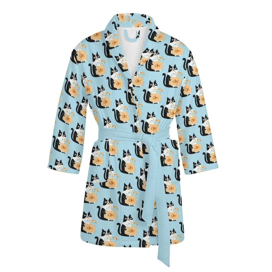 Cat Bathrobe Women - Funny Dressing Gown with Cat Motif in Light Blue - Soft Housecoat with Belt - Animal Motif Pajama Party Robe