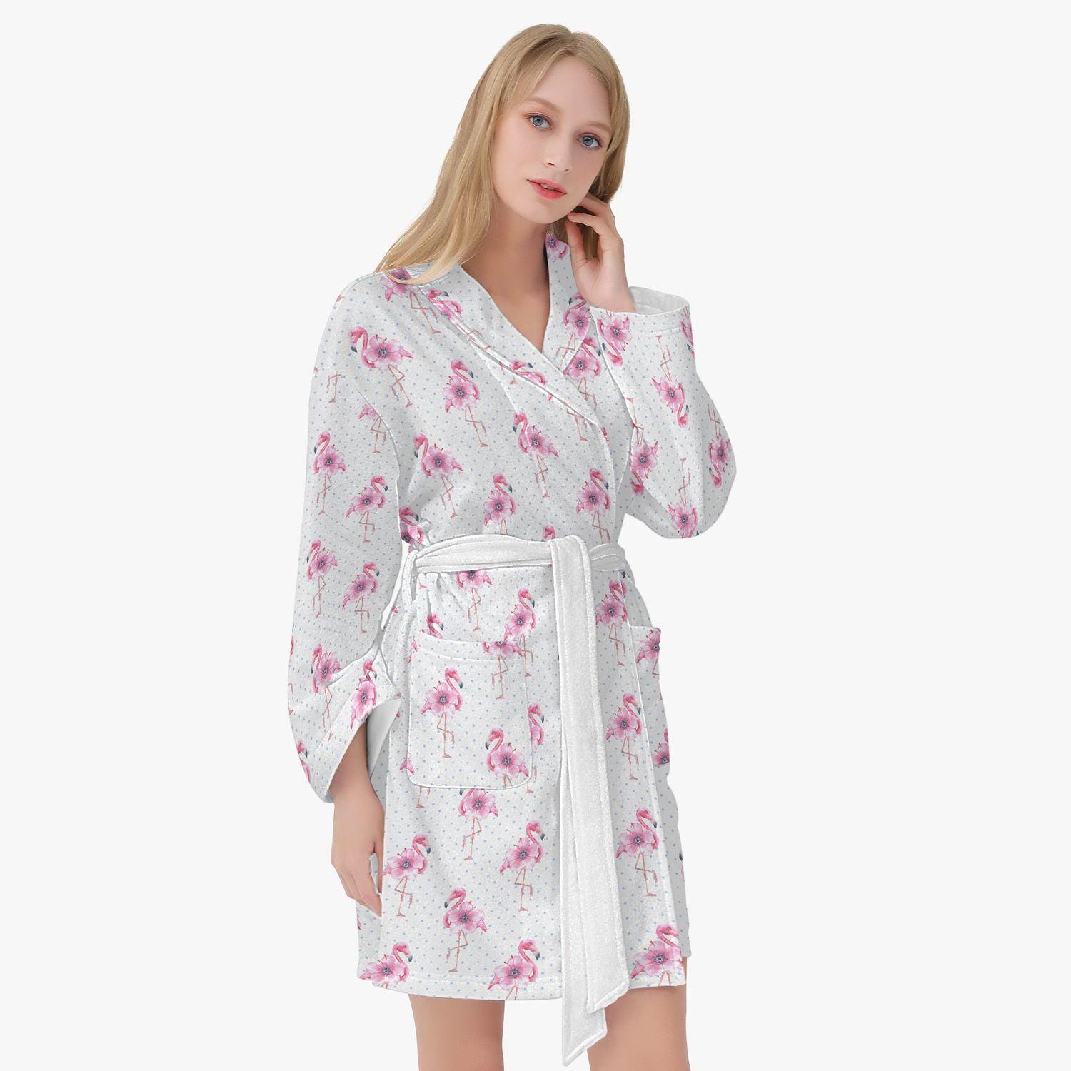 White Unisex Bathrobe Flamingo, Women's Dressing Gown Tropical, Sauna Coat with Animal Motif, Flamingo Robe for Adults, Sauna Robe Summer