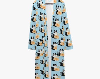 Cat Bathrobe Women  Funny Dressing Gown With Cat Motif in Light Blue   Soft Housecoat With Belt  Animal Motif Pajama Party Robe - Etsy