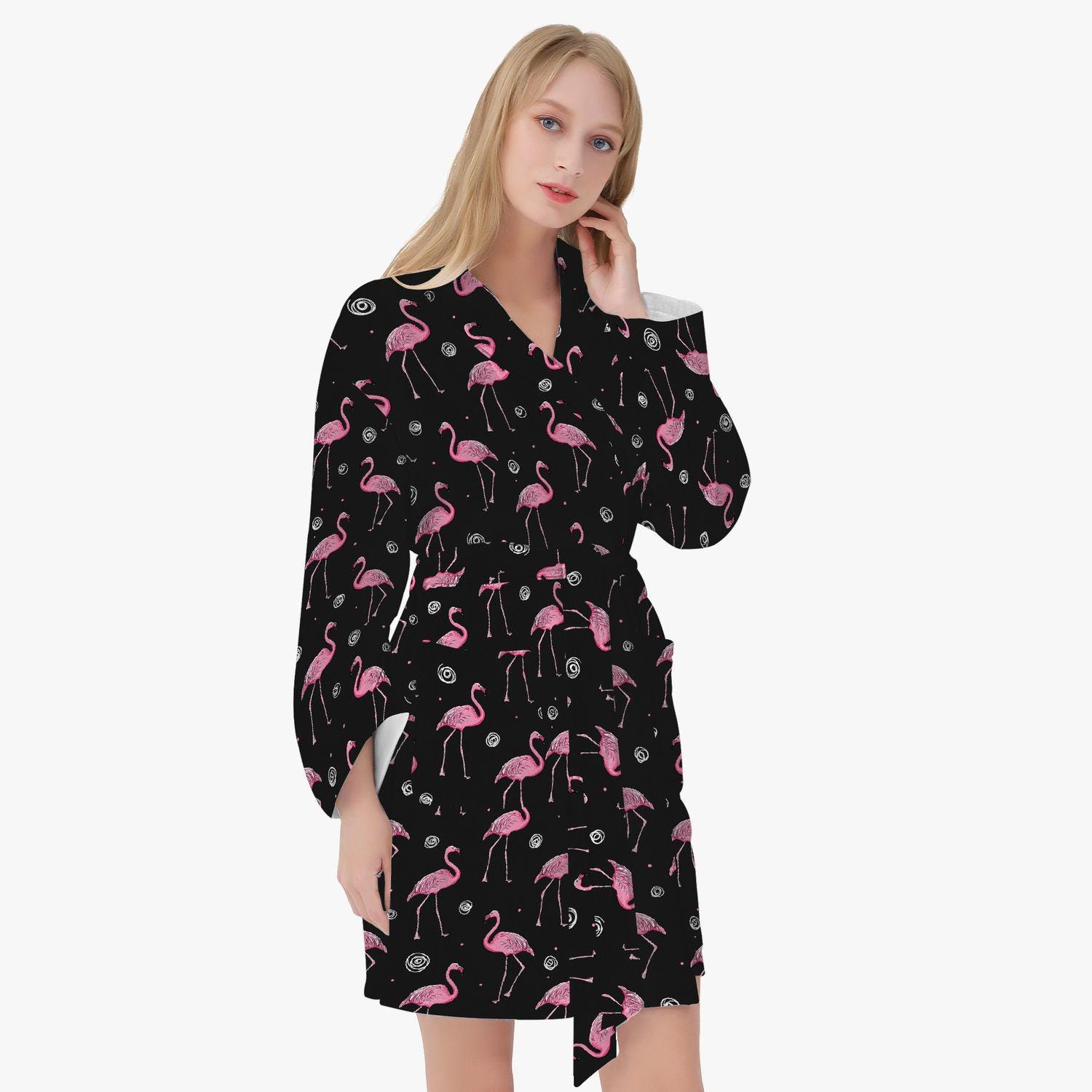 Cozy flamingo Design bathrobe for women | flamingo pattern dressing gown | Black unisex robe with flamingo motif | Women's robe