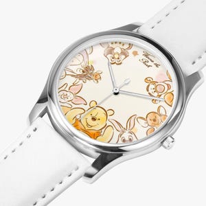 Silberne Armbanduhr mit Lederband für Damen - Kinder – Winnie the Pooh Design, Vintage-Look, süße Cartoon-Uhr, perfekte Geschenkidee