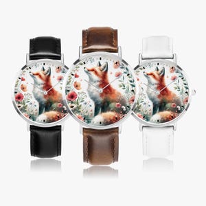 Fox motif ladies watch, cute forest animal wristwatch for ladies, girls fox watch with leather strap, animal design watch, gift for women - girls