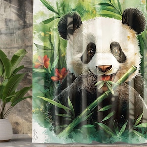 Cortina de ducha de panda – Cortina de baño con motivos de animales – Divertida cortina de tela para ducha – Diseño de jungla de dibujos animados – Decoración de baño con oso panda