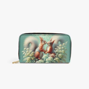 Cartera con cremallera ardilla, cartera de mujer verde menta, cartera con motivo animal, cartera con diseño de animales del bosque, idea de regalo