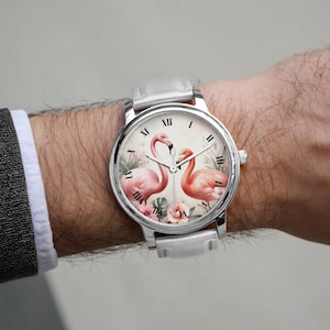 Tropical Flamingo Watch for Women & Kids – Leather Strap, Watch with Bird Motif, Gift Idea for Girls, Children&#39;s Watch and Women&#39;s Watch