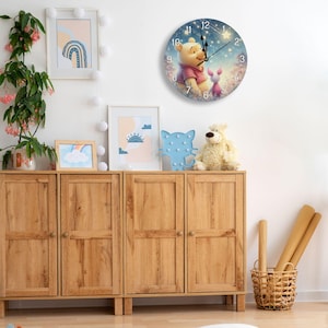 Cute Winnie the Pooh children&#39;s clock | Girls&#39; wall clock with starry sky | Wooden clock for the nursery | Girls&#39; clock in Pooh Bear design