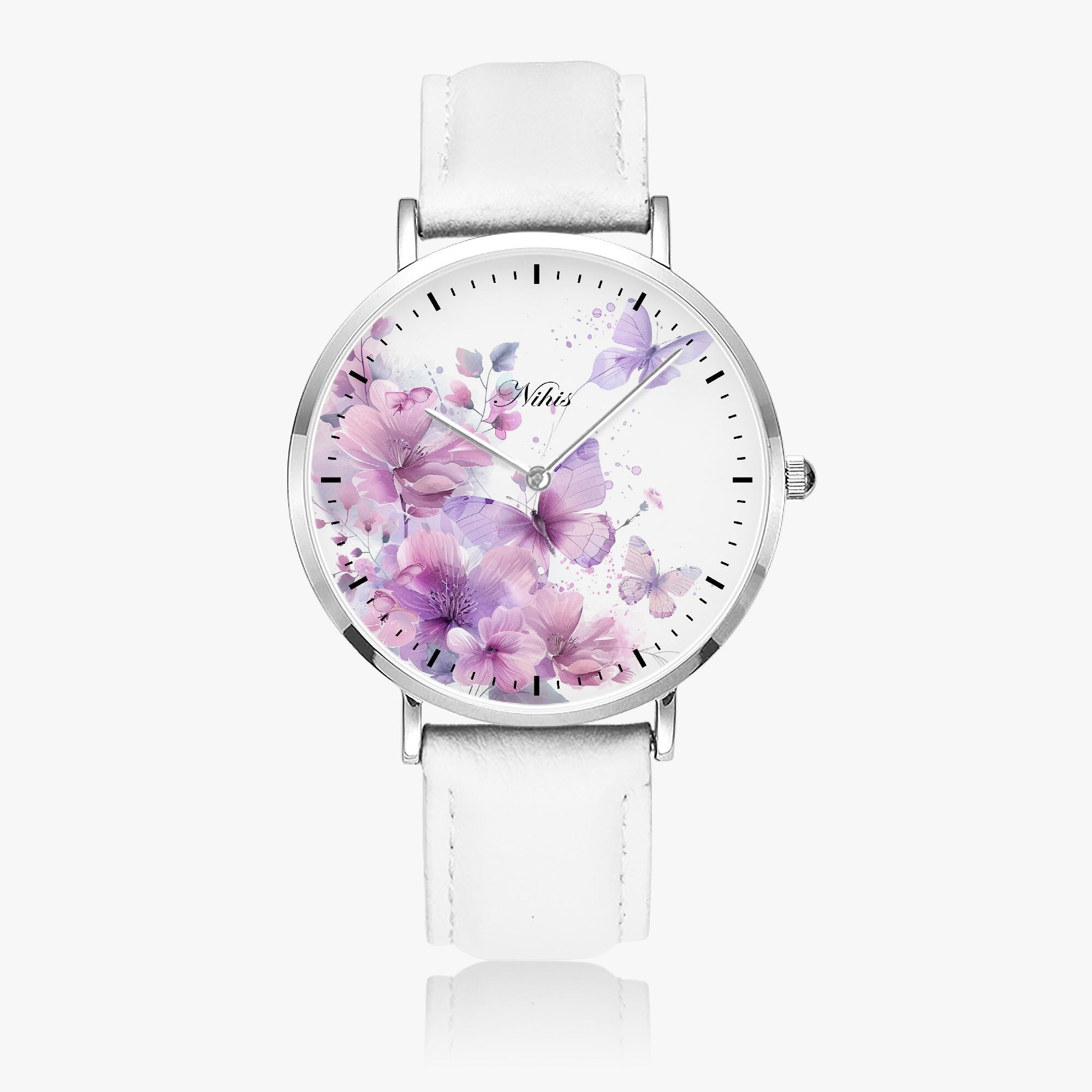 Modern ladies' watch with leather strap - butterflies | Butterfly wristwatch | Leather strap watch with butterfly motif | Girls' watch with animal design