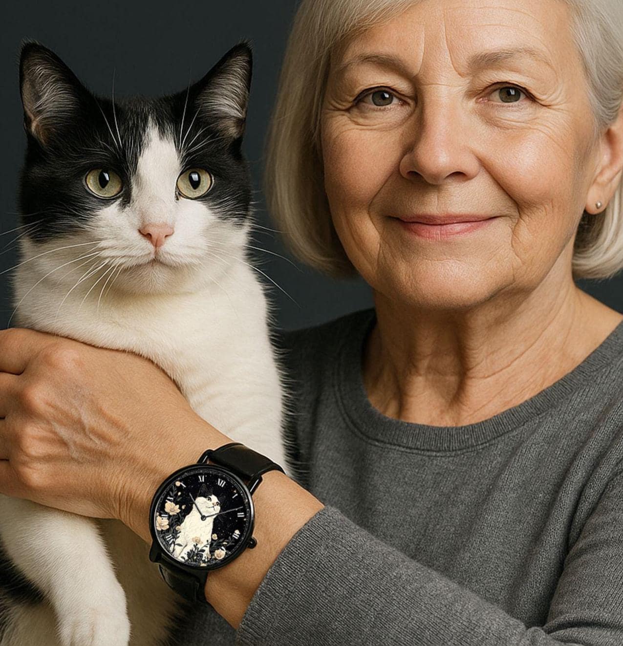 Black Cat Face Pet-Themed Watch - Black, band distress in spots Black Cat Face Watch, Minimalist Feline Watch, Dark  main image 2