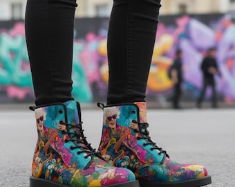 Rock Oma Boots Damen – Künstlerische Schnürstiefel mit Gitarrenmotiv – Bunte Pop Art Schuhe – Geschenkidee Musik Liebhaber