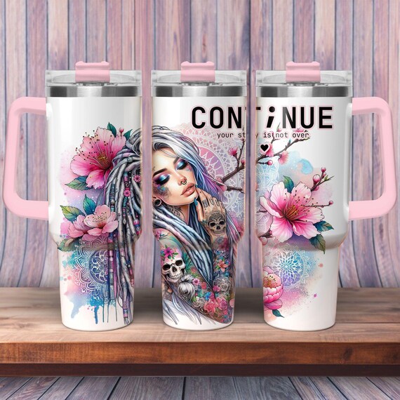 Thermobecher mit Griff – „Continue Your Style Is Not Over“ – Kirschblüten – ToGo Isolierbecher mit Schraubdeckel – Stilvoller Kaffeebecher