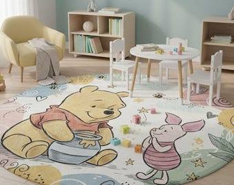 Rund barnmatta med Nalle Puh och Nasse, babyrumsmatta i pastellfärger, lekmatta för flickor, söt matta med motiv av Puh