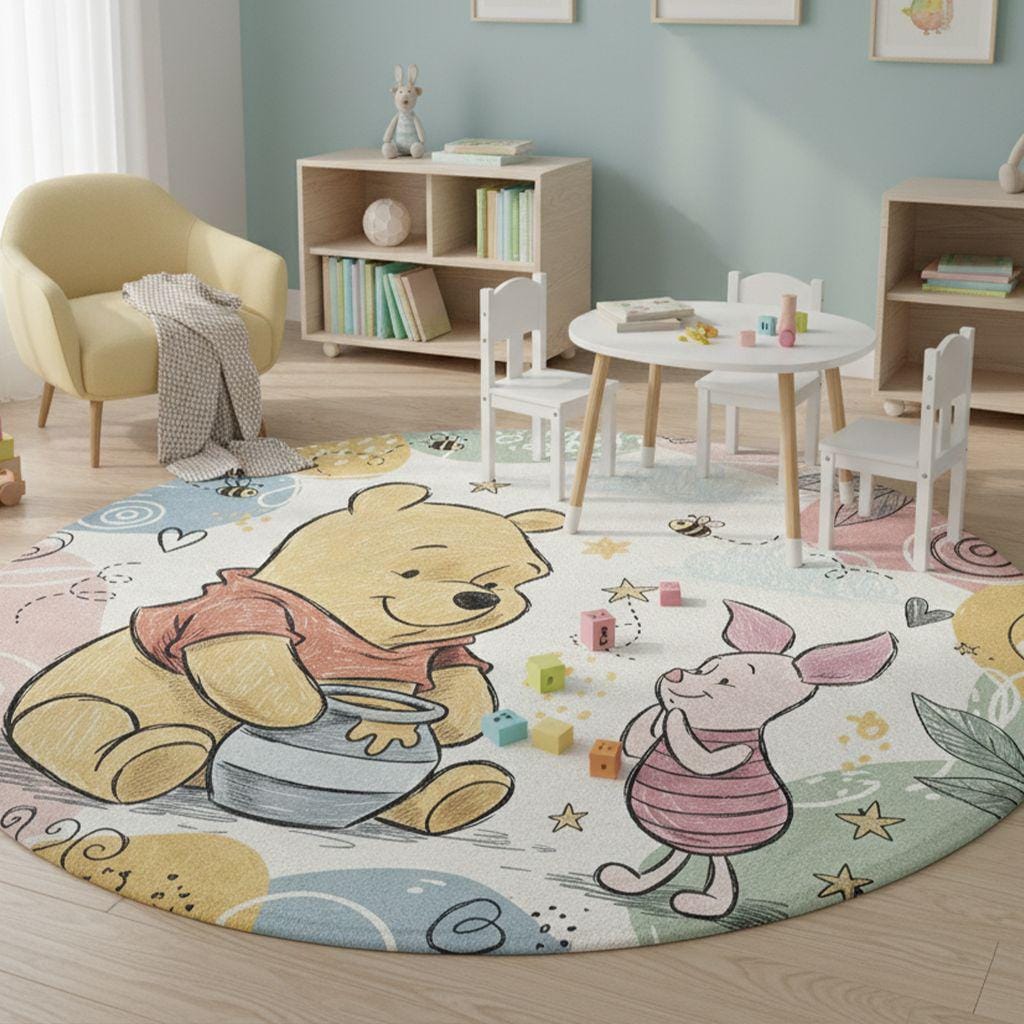 Round Children's Rug With Winnie the Pooh & Piglet, Baby Room Rug