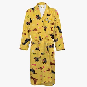 Fluffy women&#39;s and men&#39;s bathrobe yellow, funny dog pattern dressing gown, sauna women&#39;s bathrobe, dachshund design robe unisex