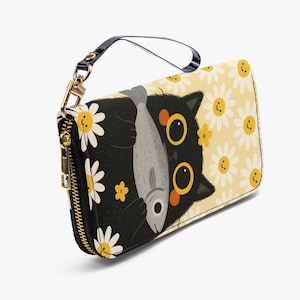Bolsa clutch fofa com estampa de gato e margaridas, carteira feminina de desenho animado, bolsa com estampa de animais engraçados, presente para fãs de gatos, acessório boho kawaii