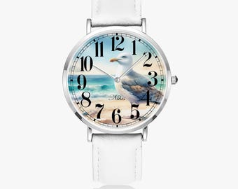 Damski zegarek skórzany z motywem mewy – Stylowy zegarek na rękę o marynistycznym designie, zegarek dziecięcy z motywem zwierzęcym, zegarek ze skórzanym paskiem dla miłośników oceanu