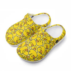 Zuecos amarillos para mujer, zuecos para hombre, zapatos de jardín, divertido patrón de patito de goma, diseño de pato, zuecos de patito de goma, zapatos de jardín, zuecos ligeros para exterior