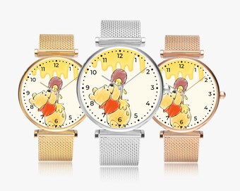 Winnie the Pooh wristwatch for girls – Honey motif watch with mesh metal strap – Gold, silver, rose gold – Cute cartoon gift idea