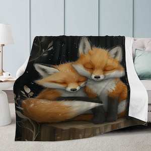 Black children&#39;s blanket fox motif, blanket forest design animals, children&#39;s blanket forest animal design, fox blanket for girls, animal blanket foxes