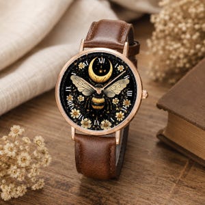 Könnte beinhalten: Runde Armbanduhr mit braunem Lederarmband. Das Zifferblatt zeigt ein Bienenmuster mit Mond und floralen Akzenten. Die Uhr hat goldfarbene Zeiger und ein goldfarbenes Gehäuse.