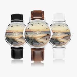 Women&#39;s watch - Children&#39;s watch with leather strap - Leather watch with beach and ocean motif, sea-inspired design wristwatch for nature lovers, gift