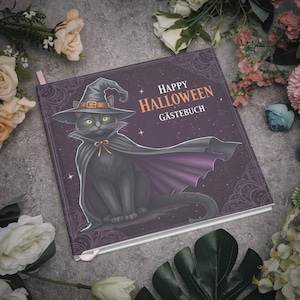Libro de visitas de Halloween de gato, libro infantil de gato brujo, libro de amigos para fiesta de Halloween, libro de visitas de cumpleaños infantil, libro de recuerdos, regalo de álbum de recortes