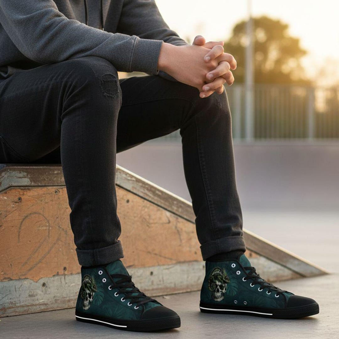 Gothic High Top Sneakers With Skull and Chameleon Motif – Dark